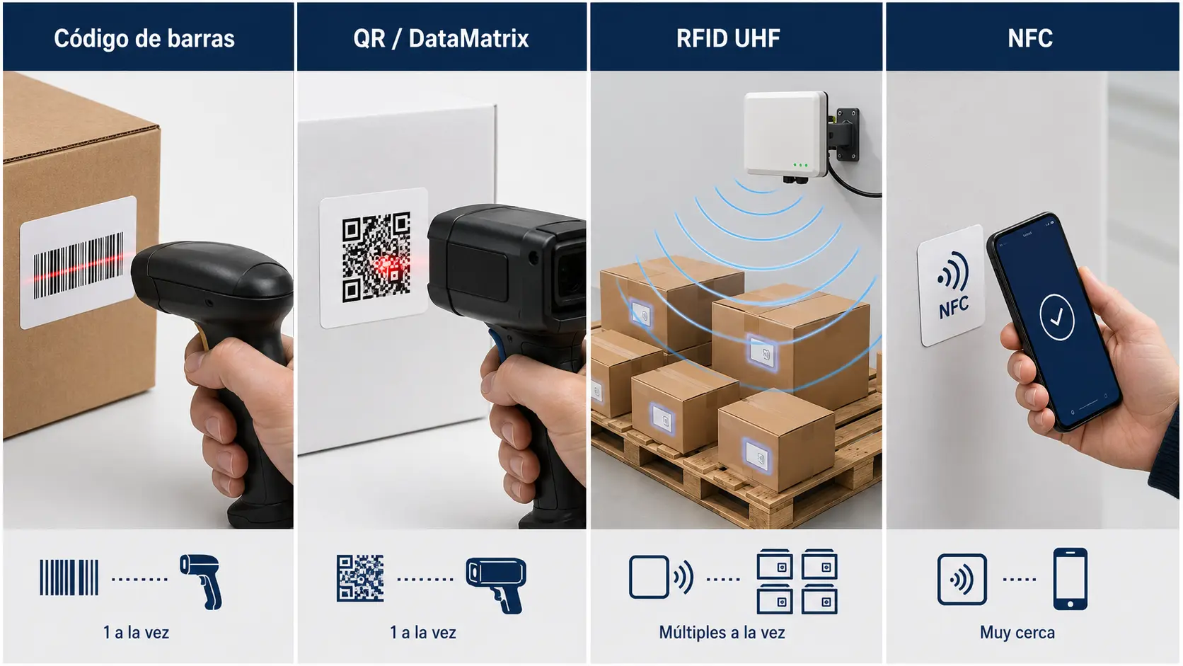 Comparativa visual entre RFID, código de barras y QR: línea de visión, lectura simultánea, distancia y durabilidad