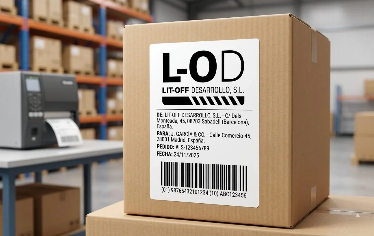 Etiqueta térmica directa aplicada en caja para logística