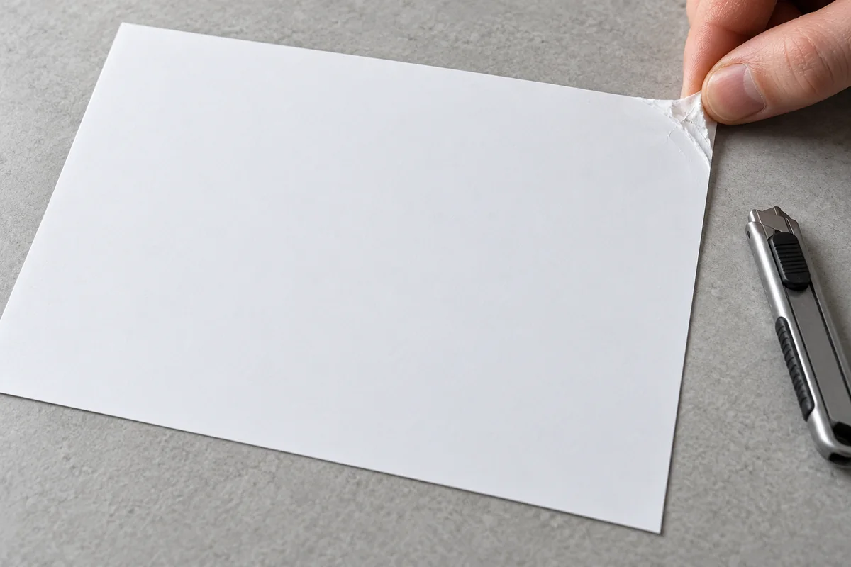 Folha autocolante sem corte: o material cobre a folha até ao bordo e o canto fica amarrotado ao tentar levantá-lo com a unha, junto a um x-ato