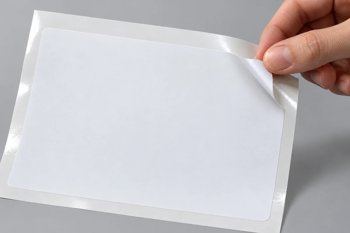 Folha com a etiqueta cortada dentro de uma margem de papel siliconado; uma mão levanta o canto com facilidade