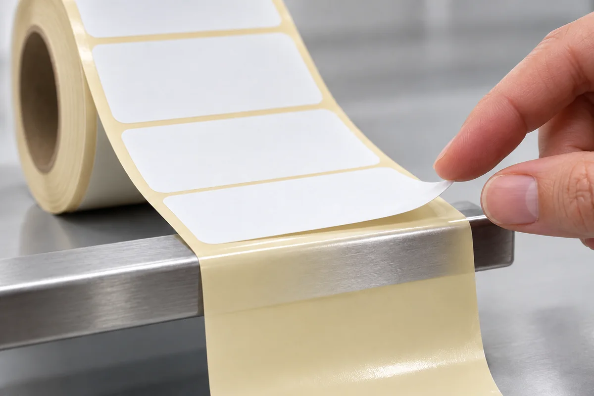 Rolo de etiquetas cortadas: o papel siliconado dobra-se sobre uma aresta metálica e o canto da etiqueta levanta-se entre os dedos