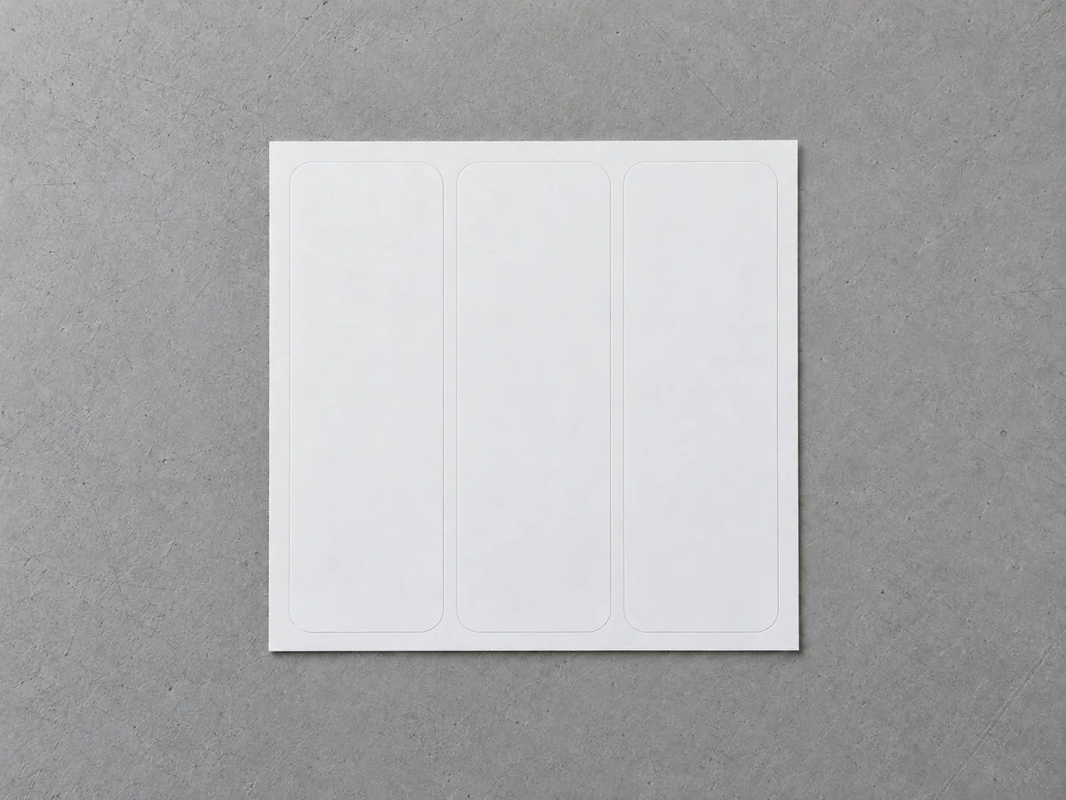 Folha de material adesivo branco com o contorno de três etiquetas marcado pelo cortante e o excedente ainda à volta