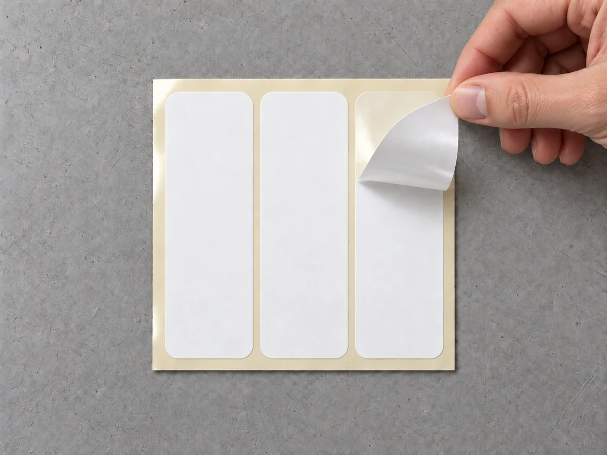Uma mão retira pelo canto uma das três etiquetas da folha, que se curva e deixa ver o papel siliconado limpo