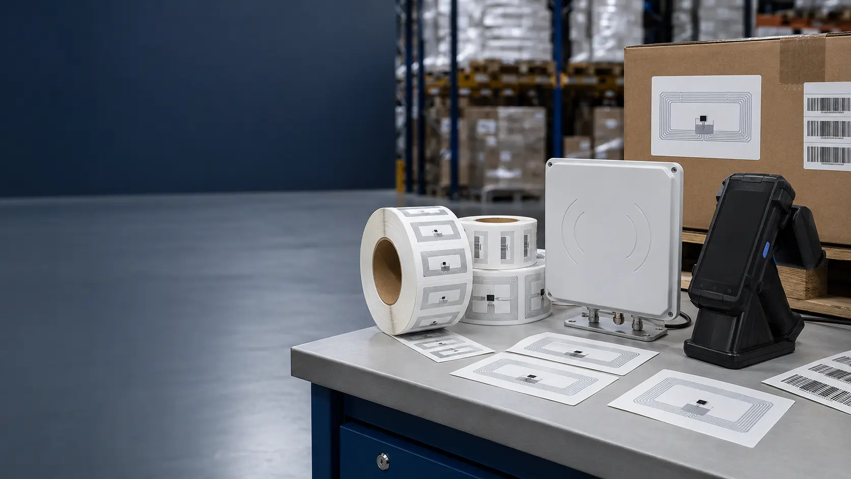 Sistema RFID industrial: lector con antena, palés etiquetados y trazabilidad automática en almacén