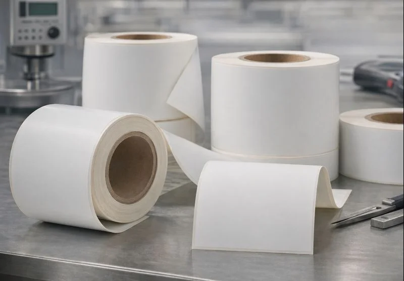 Rollo de etiquetas Ref. 875 — PP Cast Blanco Mate Water Inkjet con adhesivo UV1P, fabricadas en Lit-Off Desarrollo
