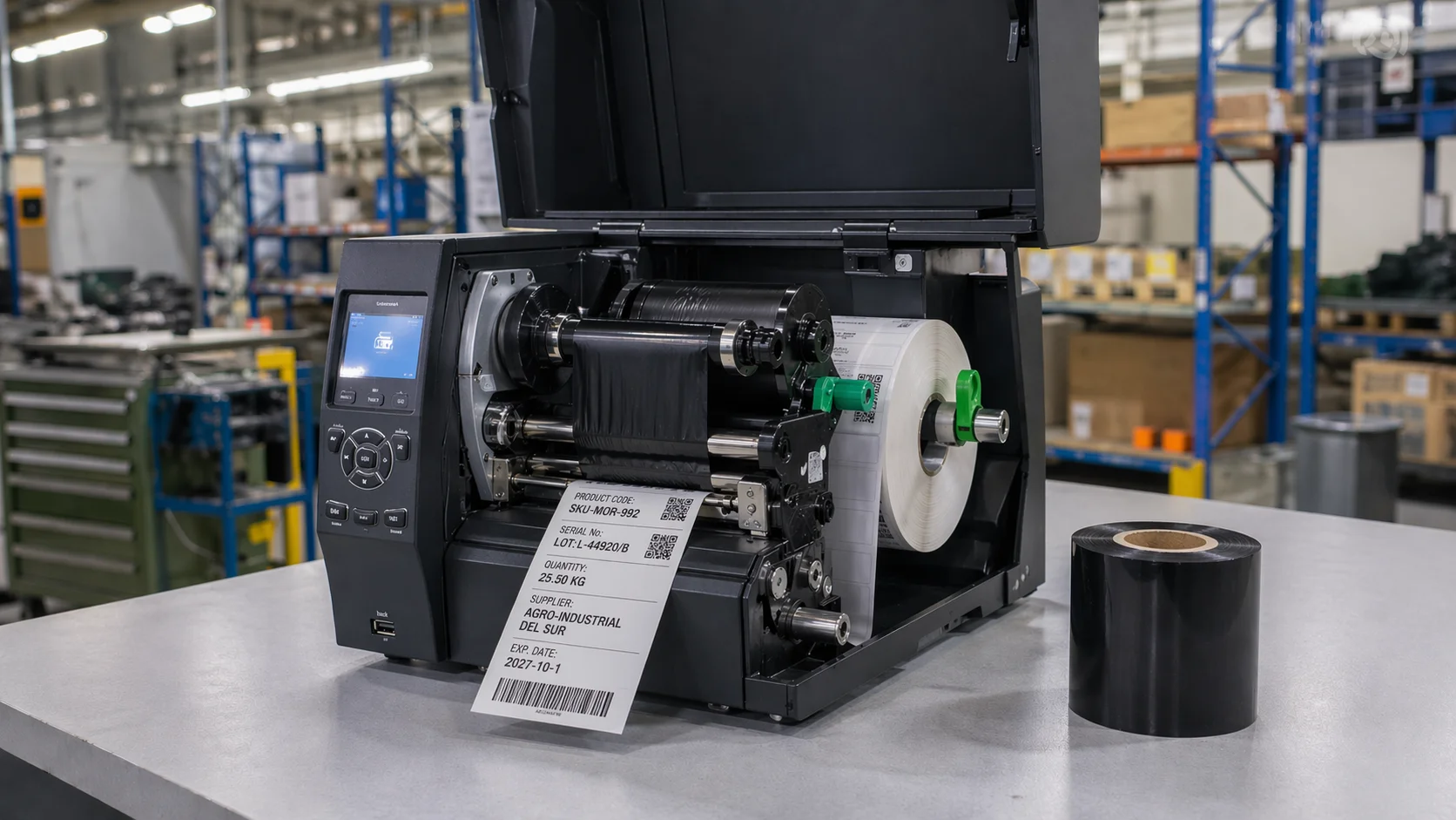 Impresora de transferencia térmica con ribbon y etiqueta industrial en entorno de producción