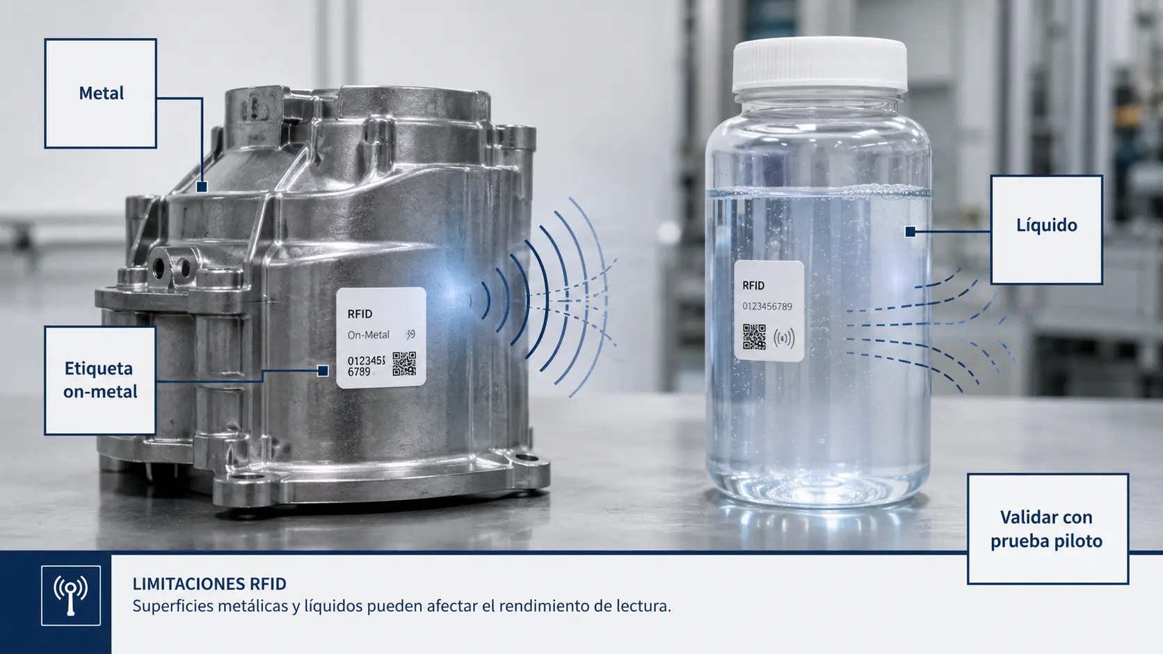 Limitaciones de RFID UHF: el agua absorbe la señal y los metales la reflejan, lo que exige etiquetas on-metal o bajar a HF
