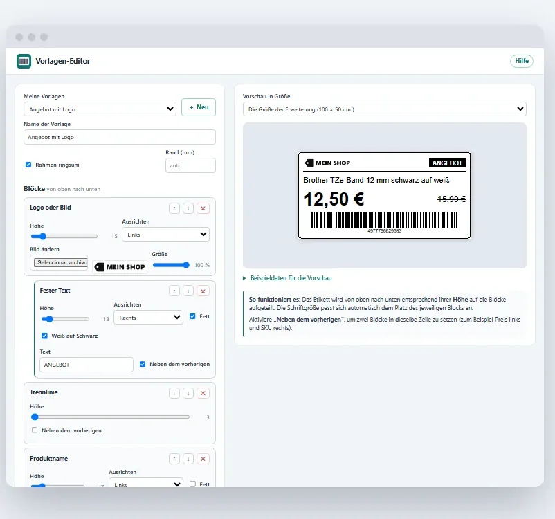 PrinterTag-Vorlageneditor mit Blöcken für Logo, festen Text, Name und Preis sowie der Vorschau eines Angebotsetiketts von 100 × 50 mm mit Barcode