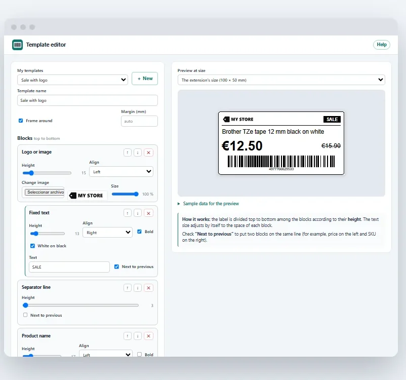 PrinterTag template editor with logo, fixed text, name and price blocks, and the preview of a 100 × 50 mm offer label with a barcode