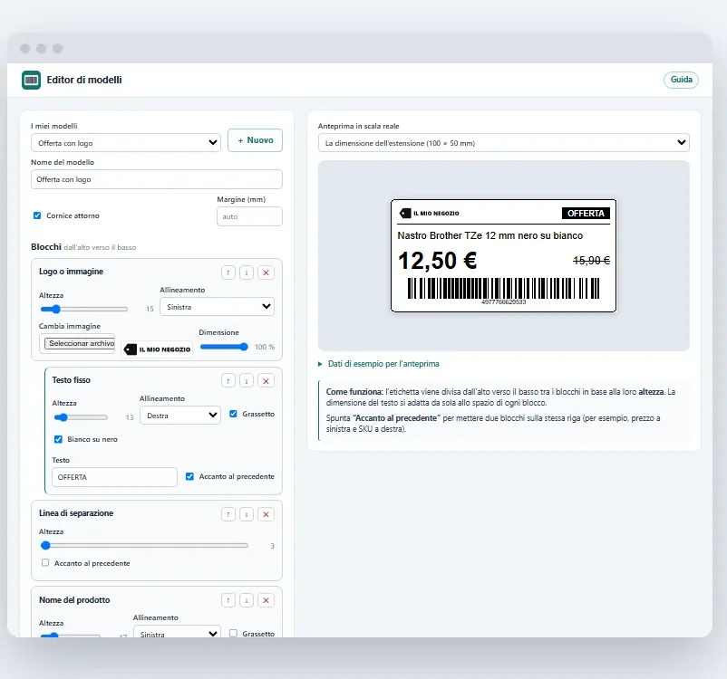 Editor di modelli di PrinterTag con blocchi di logo, testo fisso, nome e prezzo, e l’anteprima di un’etichetta promozionale di 100 × 50 mm con codice a barre