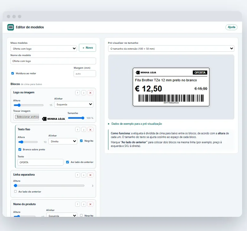 Editor de modelos do PrinterTag com blocos de logótipo, texto fixo, nome e preço, e a pré-visualização de uma etiqueta de oferta de 100 × 50 mm com código de barras