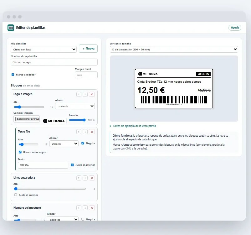 Editor de plantillas de PrinterTag con bloques de logotipo, texto fijo, nombre y precio, y la vista previa de una etiqueta de oferta de 100 × 50 mm con código de barras