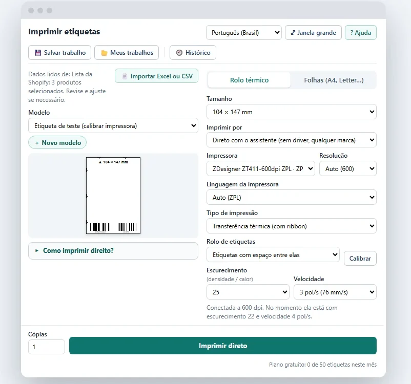 Janela do PrinterTag a imprimir diretamente numa Zebra ZT411: tamanho de 104 × 147 mm, transferência térmica, intensidade e velocidade