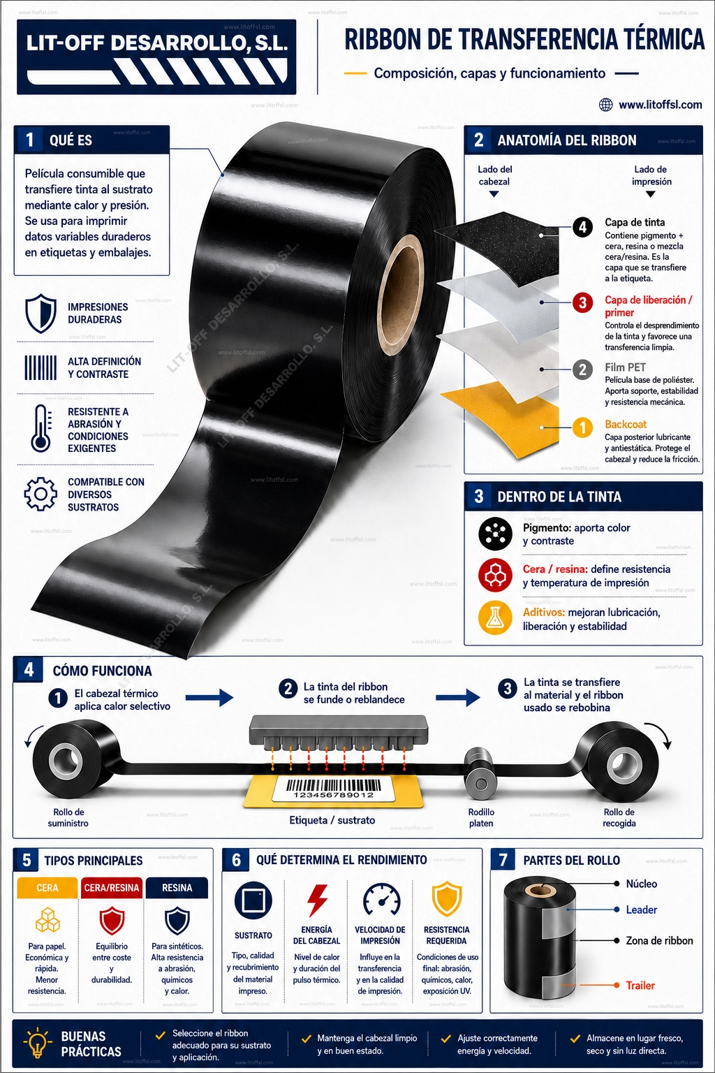 Infografía del ribbon de transferencia térmica: anatomía con capas (tinta, primer, film PET, backcoat), tipos (cera, mixto, resina), cómo funciona el cabezal y partes del rollo