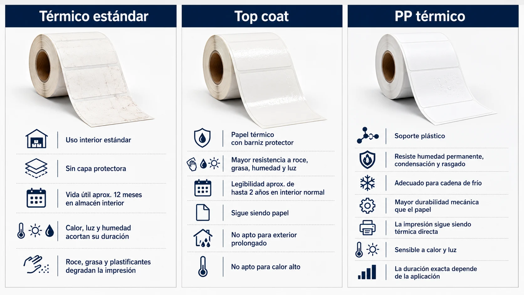 Confronto visivo dei tre tipi di etichetta termico diretto: termico standard, top e PP termico, con le loro caratteristiche e applicazioni consigliate